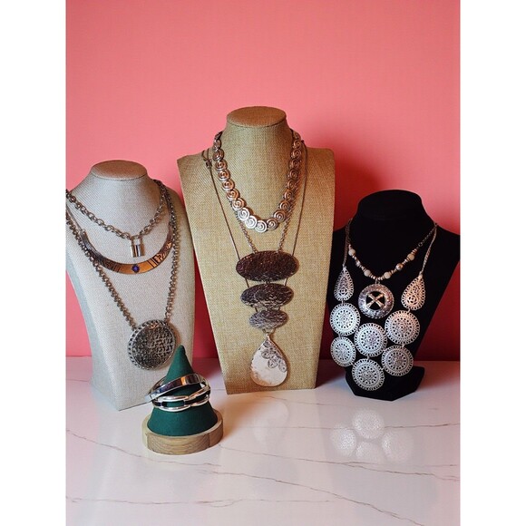 Lot of 8 Statement Necklaces + 2 Bracelets – Bold Silver Tone Jewelry Bundle - Picture 1 of 5